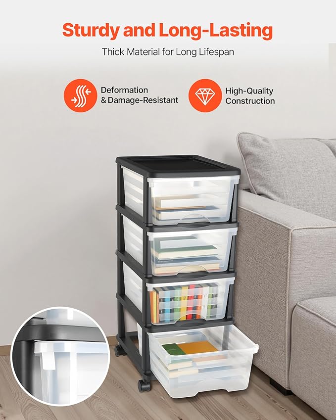 VEVOR Plastic Storage Drawers Cart, 4 Drawers Storage Organizer with Wheels, Rolling Closet Organization and Storage Dividers, Dresser Organizer Clear Bins for Office Supplies, Craft Rooms, Classrooms