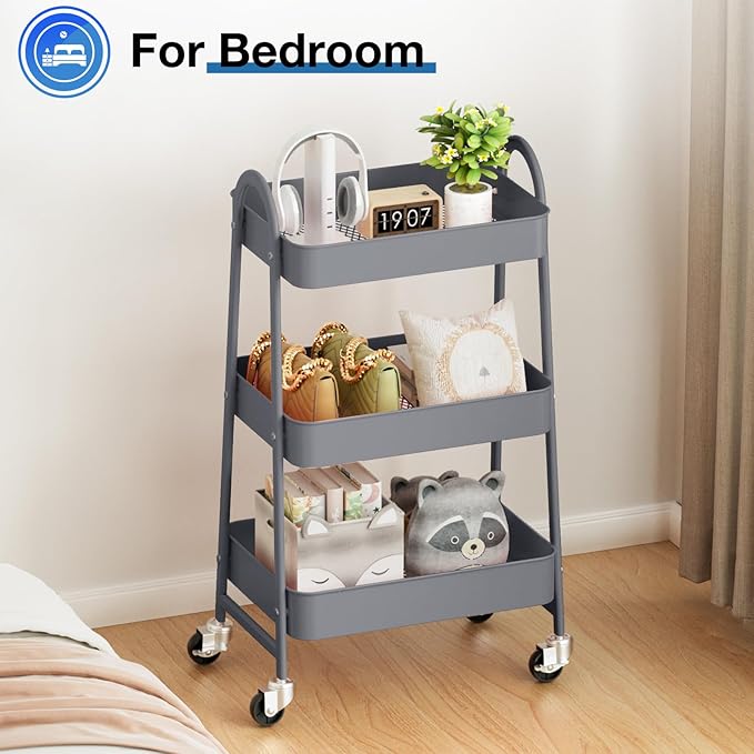 OLIXIS 3 Tier Utility Rolling Cart, Metal Mobile Storage Shelf with Lockable Caster Wheels, Organization for Livingroom, Bathroom & Narrow Places, Gray