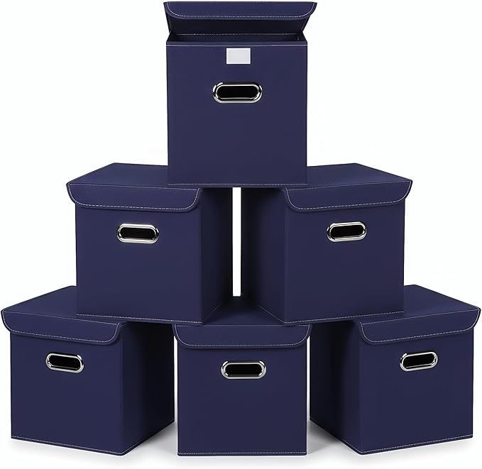 Closet Organizers Fabric Storage Bins With Lids Collapsible Cube Storage Organizer Basket With Handles,Storage Boxes for Clothes Storage,Office,Laundry,Shelves,6 Pack,（Navy Blue）