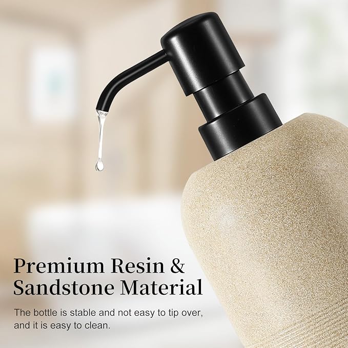 Luxspire 2 Set Soap Dispenser Cylinder-Shaped Resin and Gravel Liquid Soap Dispenser with Pump, 450ml Shampoo Container, Decorative Hand Soap Bottle for Bathroom, Kitchen and Hotel, Beige