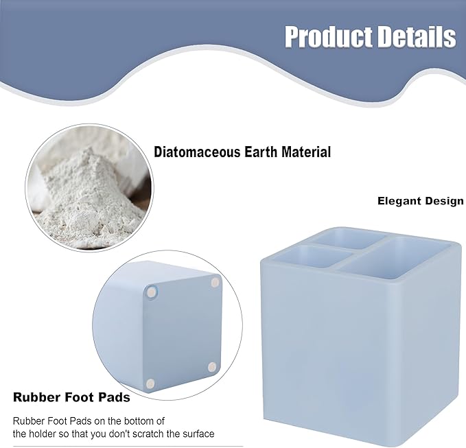 Diatomite Toothbrush Holders for Bathrooms, Electric Toothbrush and Toothpaste Holder 3 Slots Tooth Brush Organizer for Bathroom Countertop, Shower, Vanity - Blue
