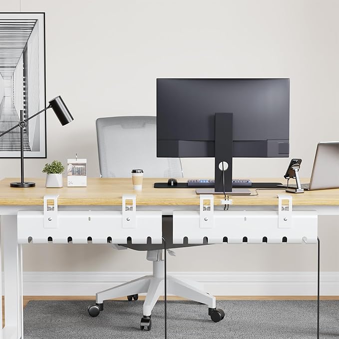 Under Desk Cable Management Tray No-Drill 2 Pack 16.9‘’ Wire Cord Organizers, Cable Management Under Desk for Home and Office No Damage White