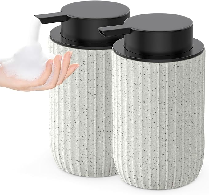 Ceramic Foaming Hand Soap Dispenser，12 oz Bathroom Soap Dispensers， Lotion Dispenser for Kitchen, Refillable Matte Streaks Soap Dispenser with Large Pump (Beige-2Pack)