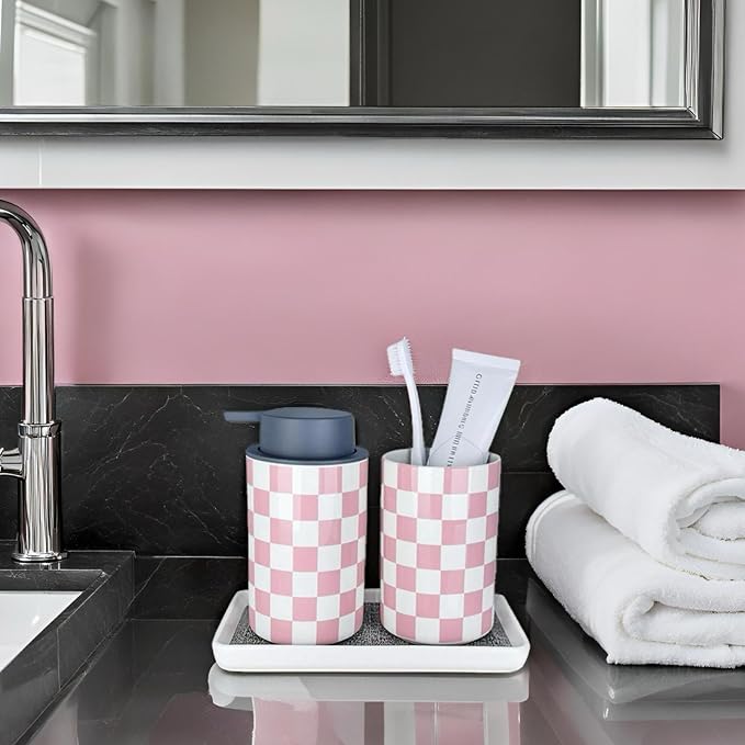 Pink Toothbrush Holder and Soap Dispenser Set, Ceramic Bathroom Accessory Set, Girly Bathroom Accessories Sets, Modern Cute Bath Room Decor for Girls Women-Checkered Pattern
