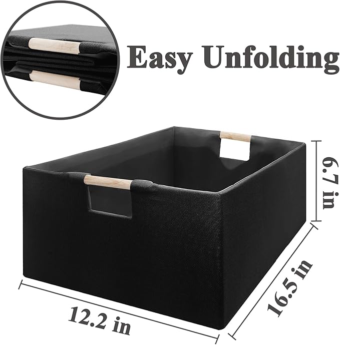 Foldable Fabric Storage Cubes, 2 Packs Cloth Storage Baskets with Wooden Handles, Collapsible Shelf Closet Organizer Bins, Rectangular Storage Boxes for Decor (Black)