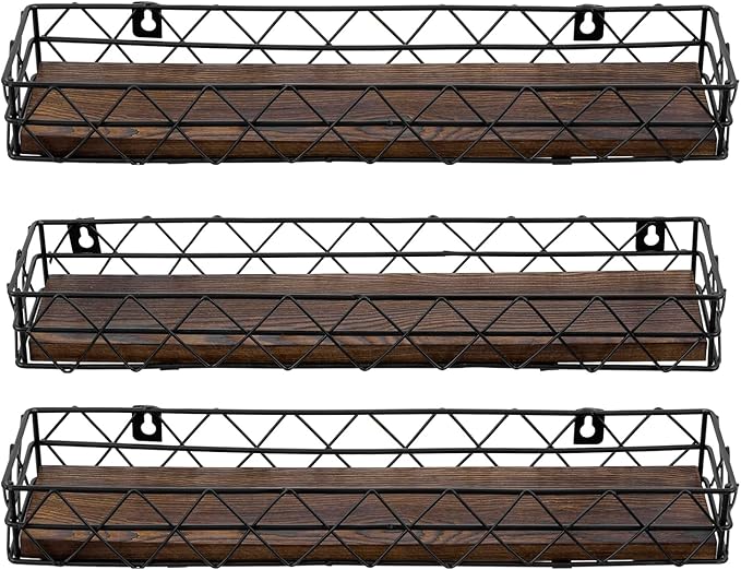 MyGift 3 Pcs Wall Mounted Spice Racks, Hanging Organizers for Seasoning Jars or Condiment Bottles, 14 Inch Rustic Burnt Solid Wood and Black Metal Wire Geometric, for Kitchen