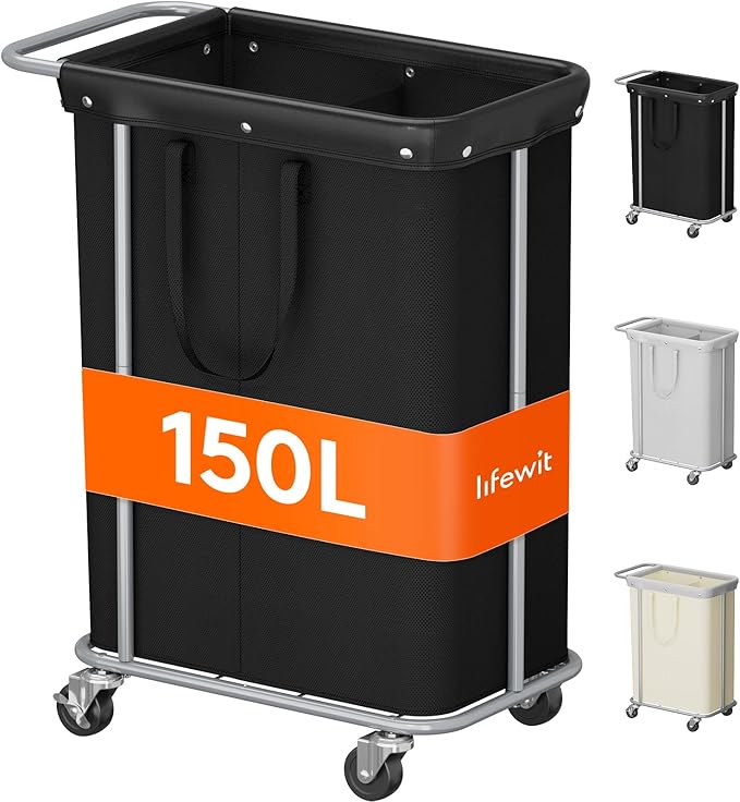 Lifewit 150L Large Laundry Basket with Wheels, Tall 2 Section Laundry Hamper Organizer, Rolling Laundry Cart with Steel Frame & Removable Bag for Luandry Room Bathroom Bedroom, Black