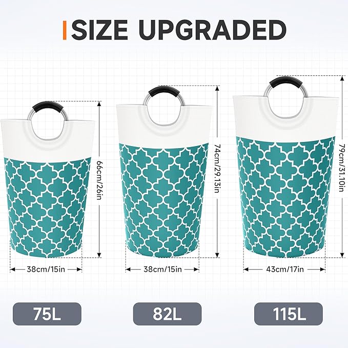 Large Laundry Basket Laundry Hamper Bag Washing Bin Clothes Bag Collapsible Tall with Handles Waterproof Travel Bathroom College Essentials Storage for College Dorm, Family (Green) 75L