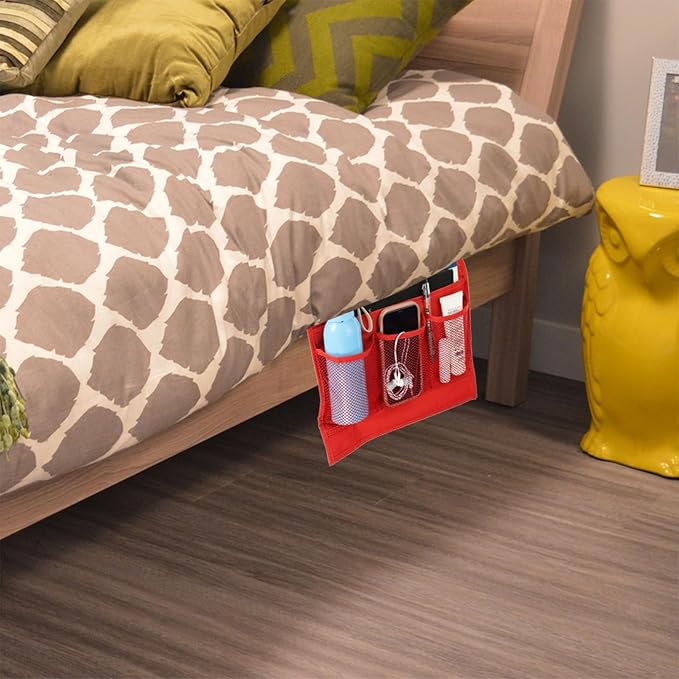 PATIKIL Bedside Caddy, Bed Caddy Bedside Organizer Bed Hanging Caddy 4 Pockets Bed Pockets Bedside Storage Hanging Storage Bag for Remote Control Bedroom Phones Glasses, Red