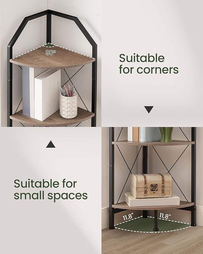 5-Tier Corner Shelf, Industrial Corner Bookshelf, 59.4" Corner Storage Stand, Plant Stand Display Shelf, Corner Bookcase for Bedroom, Living Room, Home Office, Greige and Black TCJ10BG