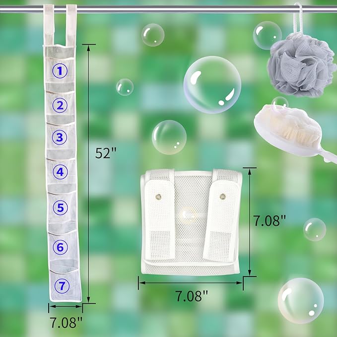 Mesh Shower Caddy Hanging, 7 Pocket Organizer, Premium Polyester, Foldable, Lightweight, Portable, White-1Pack