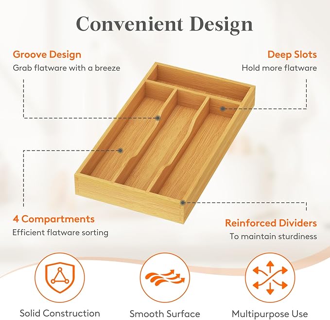 Lifewit Silverware Drawer Organizer, Utensil Tray for Kitchen, Flatware and Cutlery Holder, Storage for Spoons Forks Knives, 6.7 x 12", Natural
