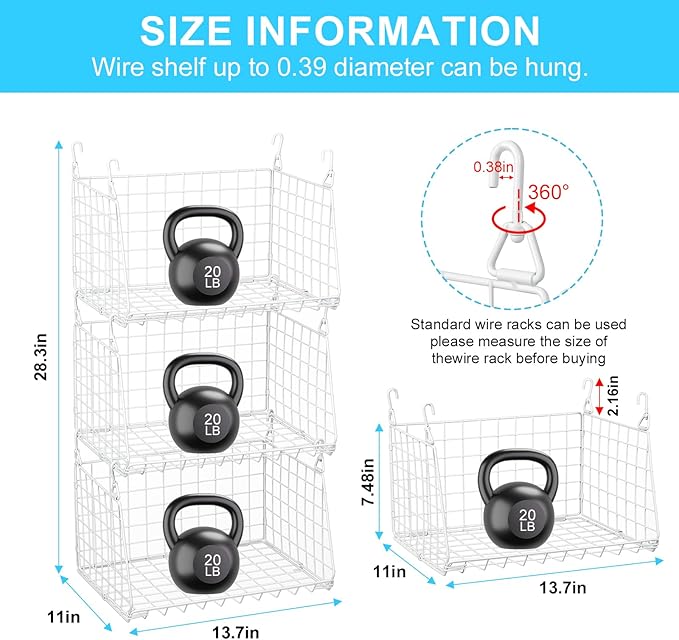 3-Pack Under Shelf Hanging Baskets with 360° Rotating Hooks - Space Saving Pantry Shelf Organizer for Kitchen Storage, Foldable Small Space Solutions for Pantry Organization, White