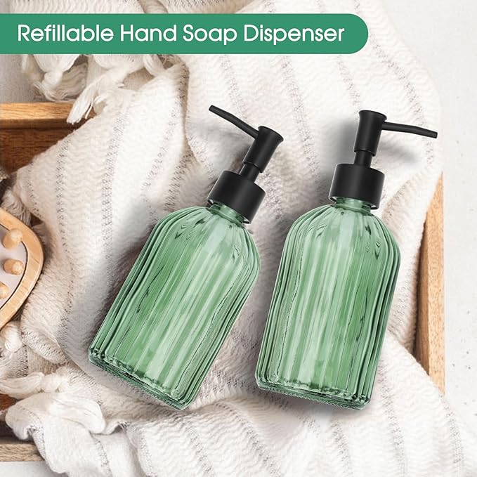 Topsky 2 Pack Glass Soap Dispenser with Plastic Pump, 400ml Liquid Hand Soap Dispenser, Rustproof Pump for Kitchen & Bathroom, Great for Lotions, Essential Oil, Liquid Soaps,Army Green