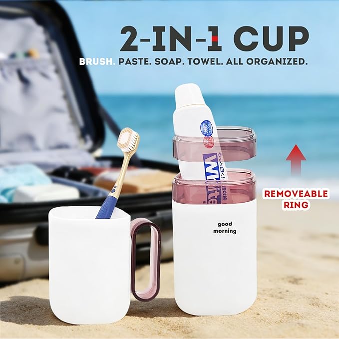 Toothbrush Travel Case,Toothbrush Holder and Rinse Cup with Handle Travel Toothbrush Cup,Multifunctional Toothbrush Cover,Large Capacit Travel Toothbrush Holder with Mouthwash Cup Purple