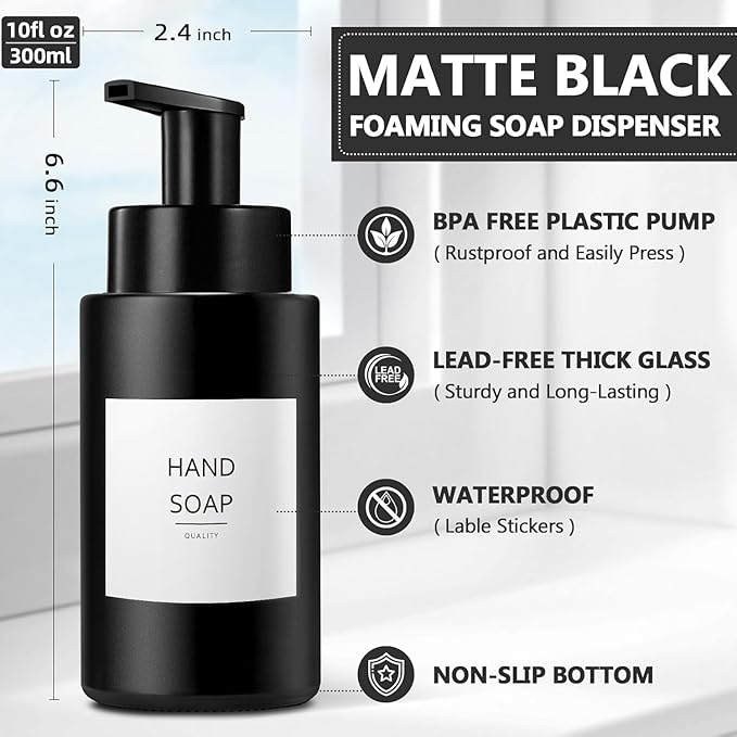 Matte Black Foaming Hand Soap Dispenser, 10 oz/300ml Glass Foam Dispenser, 2 Pcs Foaming Soap Dispenser for Bathroom, Black Refillable Pump with Waterproof Labels