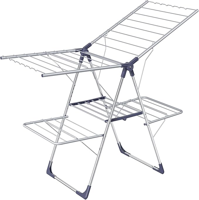 Sakugi Clothes Drying Rack, Foldable 2-Level Laundry Drying Rack with Height-Adjustable Wings, for Clothing & Bedding, Free-Standing Space-Saving Rack, Indoor & Outdoor, 55.5"L × 22.8"W, Silver Blue