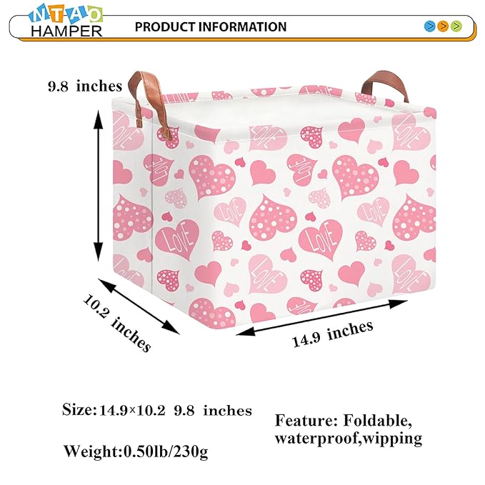 Rectangular Pink Gift Basket Empty,Fabric Storage Basket with Handles,Books Box,Lovely Storage Bin,Room Decor,Gift Basket (Polka Dot Heart)