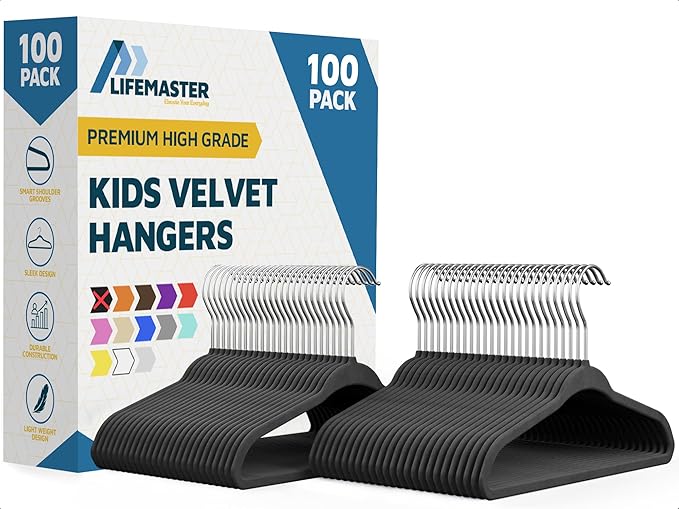Black Velvet Kids Hangers 100 Pack, 10.83" Non-Slip Baby & Toddler Hangers for Clothes, Space-Saving Slim ABS Plastic with 360° Swivel Hook & Notched Shoulders, Up to 10 lb Capacity