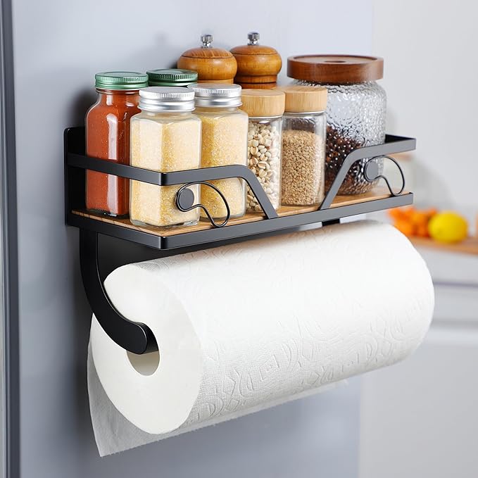 Magnetic Paper Towel Holder for Fridge - Magnetic Spice Rack for Refrigerator Paper Towel Holder with Shelf Wall Mounted for Kitchen, Bathroom