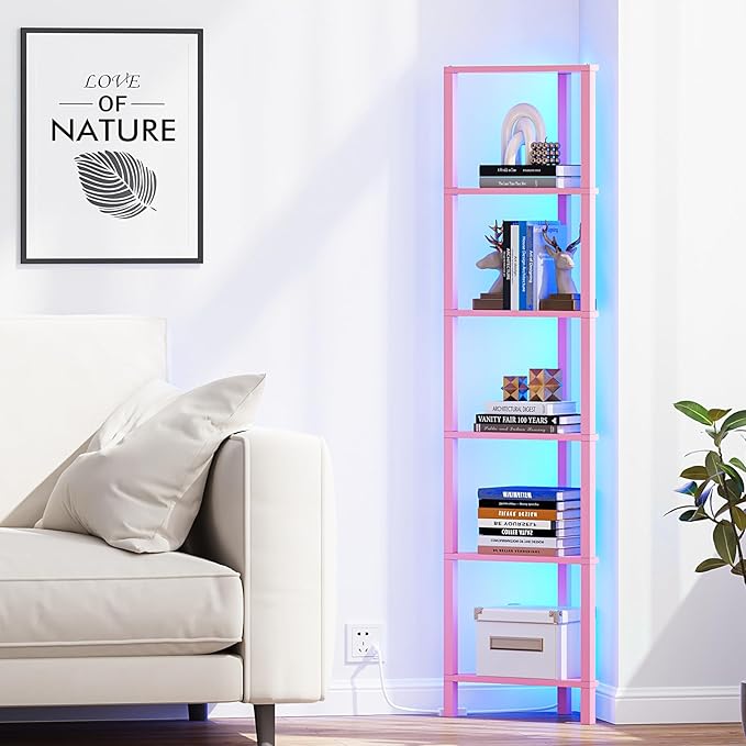 TUTOTAK Corner Shelf with LED Light, 6-Tier Corner Bookshelf for Small Space, Narrow Display Corner Shelf Stand with Storage Rack, for Living Room, Bedroom, Pink BS05BP006L