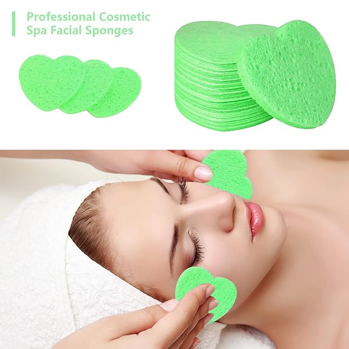 100-Count Compressed Facial Sponges for Estheticians Heart Shape Natural Cellulose Sponge Professional Cosmetic Spa Sponges for Face Cleansing, Massage, Pore Exfoliating, Mask, Makeup Removal, Green