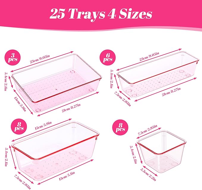 25pcs Pink Plastic Drawer Organizer Set, Clear Stackable Drawer Organizer,Kitchen Drawers Dividers for Bathroom, Office, Kitchen Cabinets and Dressing Tables