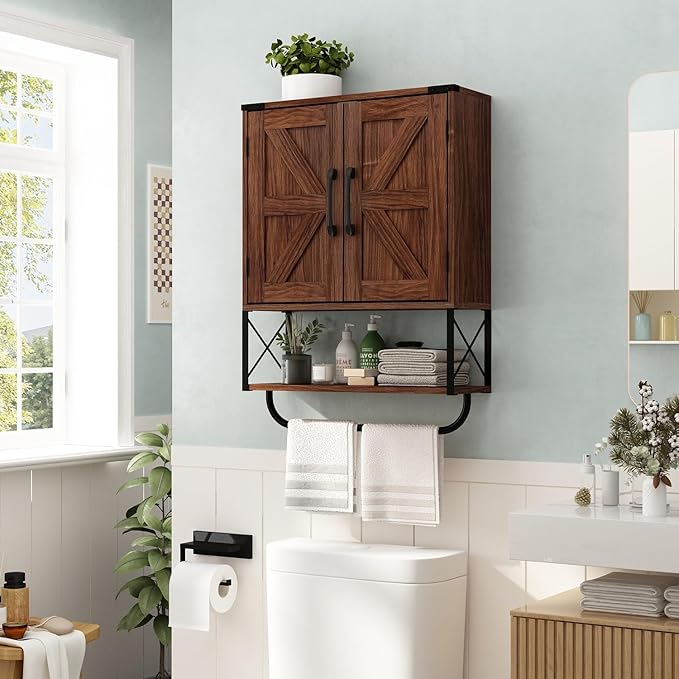 RUSTOWN Farmhouse Medicine Cabinet with 2 Barn Door,Wood Wall Mounted Storage Cabinet with Adjustable Shelf and Towel Bar, 3-Tier Bathroom Cabinet for Bathroom, Living Room(Dark Walnut, Medium)