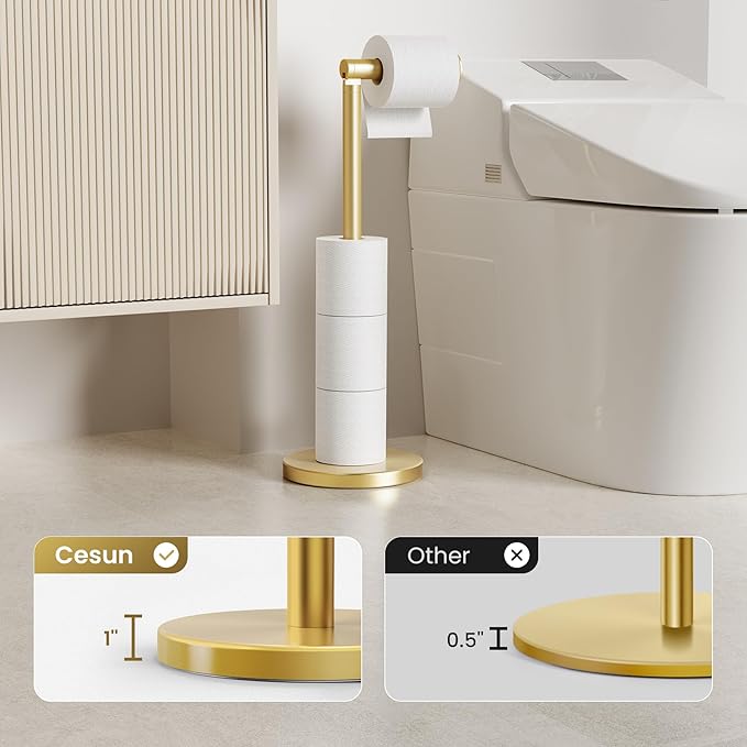 Cesun Toilet Paper Holder Stand Free Standing, Gold Toilet Paper Storage with Heavy Weighted Base, Bathroom Stainless Steel Toilet Paper Roll Holder, Non-Slip, Gold