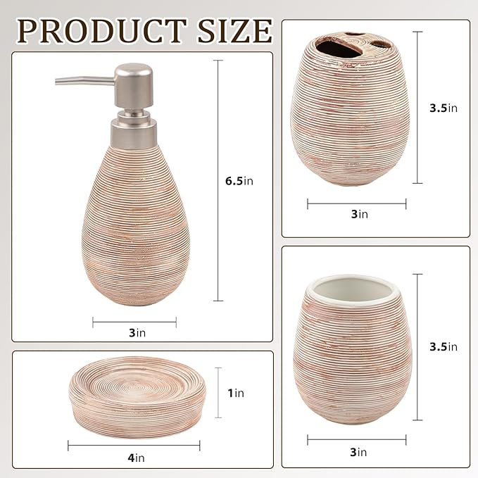 CERBIOR Bathroom Accessories Set,4 Pcs Ceramic Bathroom Decor Accessory,Includes Toothbrush Holder, Toothbrush Cup, Soap Dish for Decorative Countertop and Housewarming Gift(Brown 4pcs)