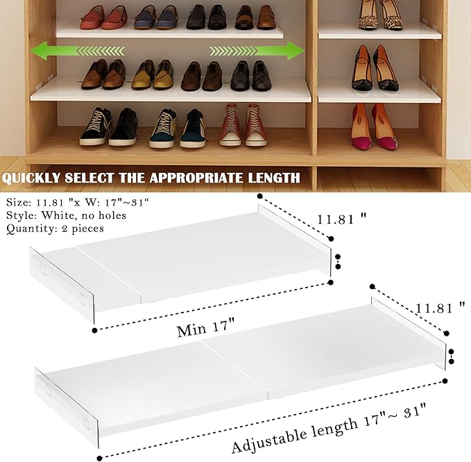 Expandable Closet Shelves, Adjustable Metal Closet Organizers and Storage Shelves for Wardrobe, Kitchen Pantry, Shoe Rack, (2 Pack,W11.81 x L: 17 "to 31")