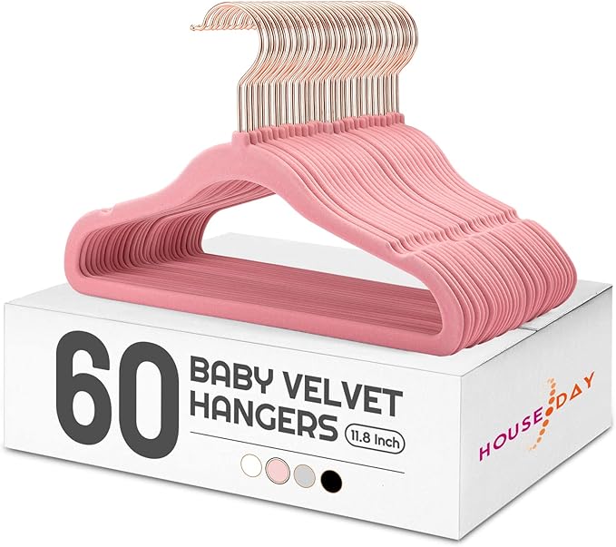 HOUSE DAY Velvet Baby Hangers for Closet, Kids Hangers Velvet 60 Pack, Non Slip Toddler Hanger 11.8 Inch, Durable Childrens Hanger for Newborn Baby Clothes- Blush Pink
