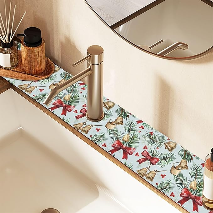 Bows Holly Bell Beige Gingerbread Snowflakes Kitchen Sink Splash Guard Sink Faucet Mat Faucet Handle Drip Catcher Drain Mats for Kitchen Bathroom Countertop Absorbent Dish Drying Pad 2Pack 14