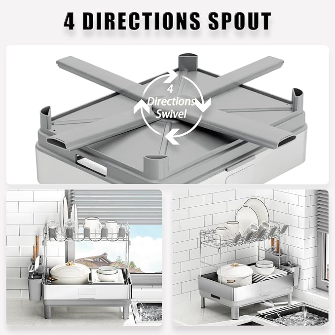 Dish Drying Rack, 2 Tier Large Dish Rack, Stainless Steel Dish Drainer for Kitchen Counter, Dishes Rack with Automatic Drainage, Utensil Holder&Cups Holder,Space Saving Kitchen Organizer,Gray