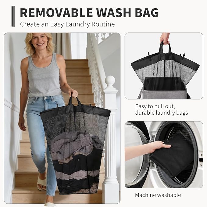 Goodpick Laundry Basket with Wheels and Lid, 75L Rolling Laundry Hamper with Removable Wash Bag and Handles, Collapsible Large Tall Dirty Clothes Hamper for Bathroom Dorm, Light Grey