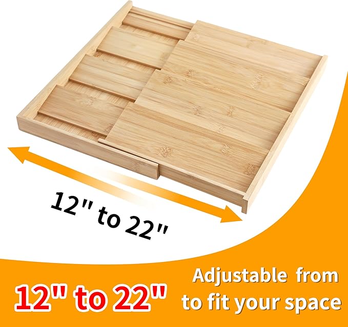 QUEENKAY Expandable Bamboo Spice Drawer Organizer, 4 Tier Spices Rack for Cabinet, Kitchen Seasoning Organization Storage Insert (Jars Not Included, From 12" to 22" Wide)