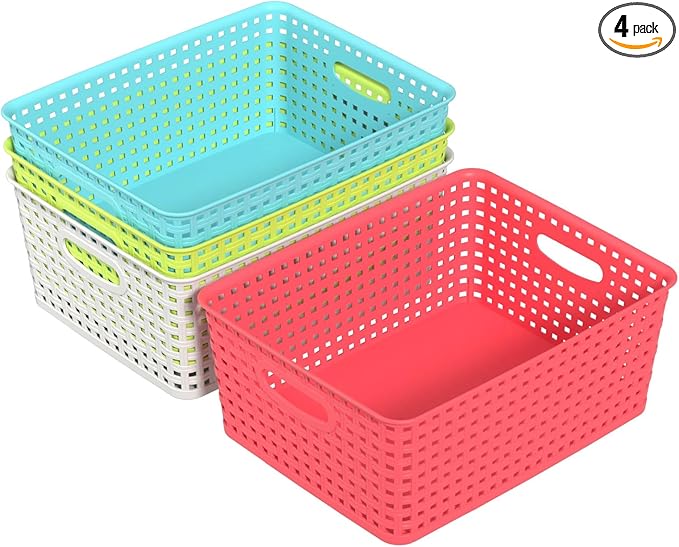 Medium Plastic Woven Storage Basket, Colorful Storage Basket, 4 Packs