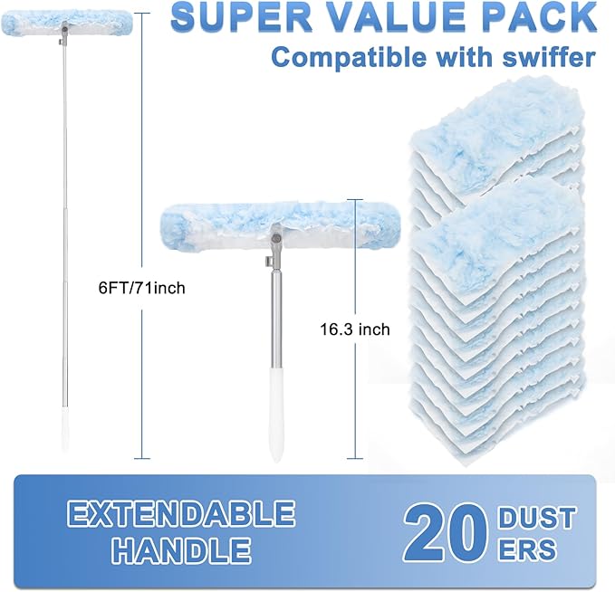 KeFanta Duster Refill Kit with 6 ft Super Extendable Handle Compatible with Swiffer, 360° Disposable Microfiber Dusting Pads for Home Cleaning, Ceiling, Fan, Window, Hard-to-Reach Areas, 20Pcs