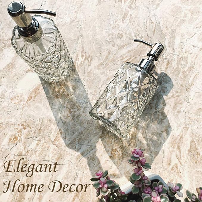 JASAI Diamond Design 12 Oz Glass Soap Dispenser, Kitchen soap Dispenser with 304 Rust Proof Stainless Steel Pump, Bathroom Soap Dispenser for Hand Soap, Soap, Lotion(Clear).