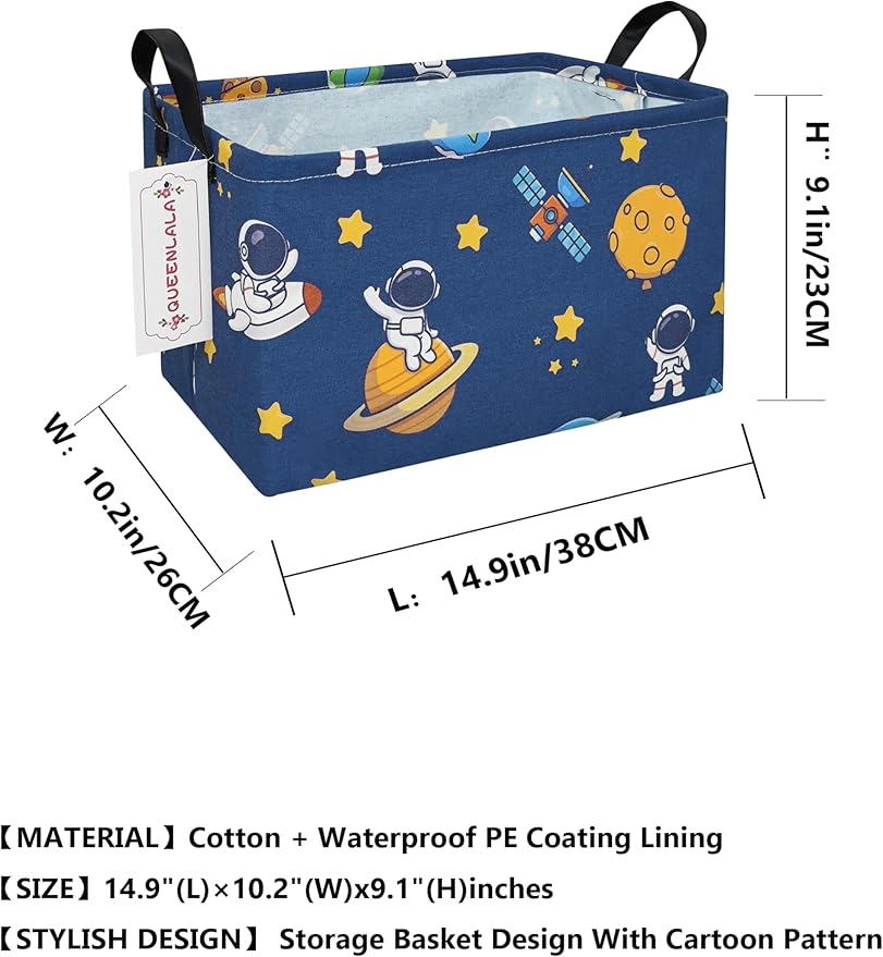 QUEENLALA Rectangular Laundry Hamper/Foldable Nursery Laundry Basket for Organizing/Storage Bin Baskets/Children Toy Office Bedroom/Toy Bin Closet Shelf Baskets（Rec-Yellow Star Astronaut）