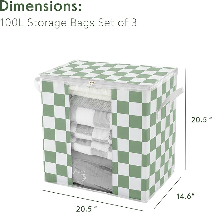 Green Checkered Clothes Storage Bins, 100L Large Blanket Storage Bags 3 Pack, Closet Organizers and Storage Containers for Comforters, Bedding, Foldable Organizer with Handle