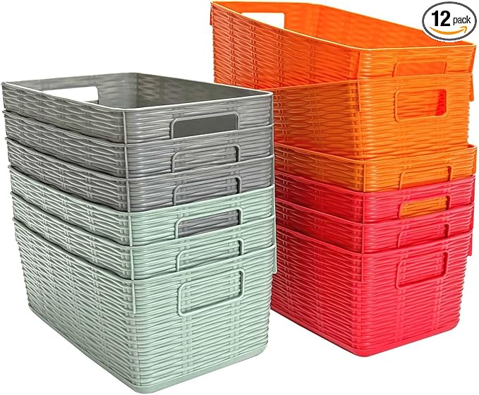 12-Pack Plastic Storage Baskets, Stackable & Nestable Organizer Bins for Toys, Clothes, Home (Multicolor - Rectangular)