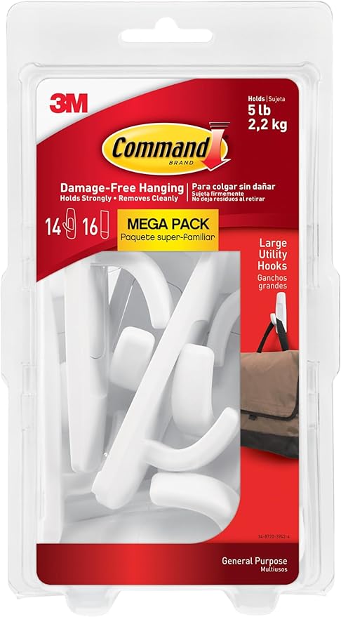 Command Large Utility Hooks, Holds up to 5 lb, 14 Hooks and 16 Strips, Damage-Free Hanging Wall Hook with Adhesive Strips, No Tools Great for Hanging, Organization and Storage
