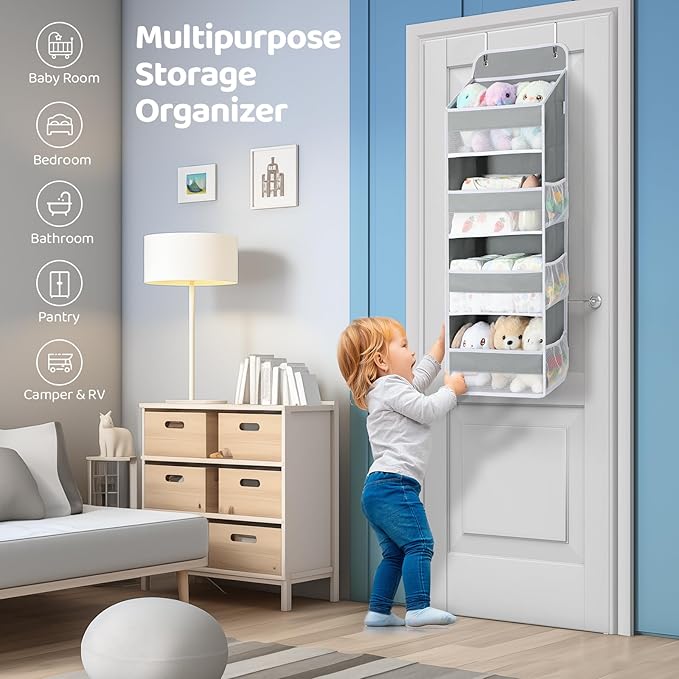 Yecaye 2 Pack 4 Tier Over the Door Organizer, 35.2lbs Load Toy Stuffed Animal Storage, Swing-proof Hanging Bathroom Organizers and Storage for Nursery Baby Essential Stuff Dorm Room Essentials, Grey