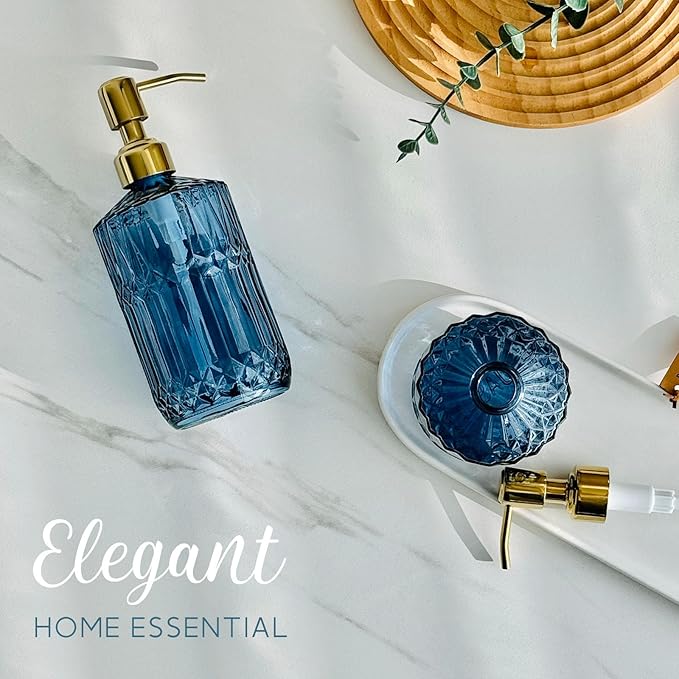 JASAI 18Oz Blue Glass Soap Dispenser with Golden Pump, Refillable Bathroom soap Dispenser with Thick Glass, Clear Kitchen Soap Dispenser for Dish Soap, Hand soap, Lotion.(Blue)