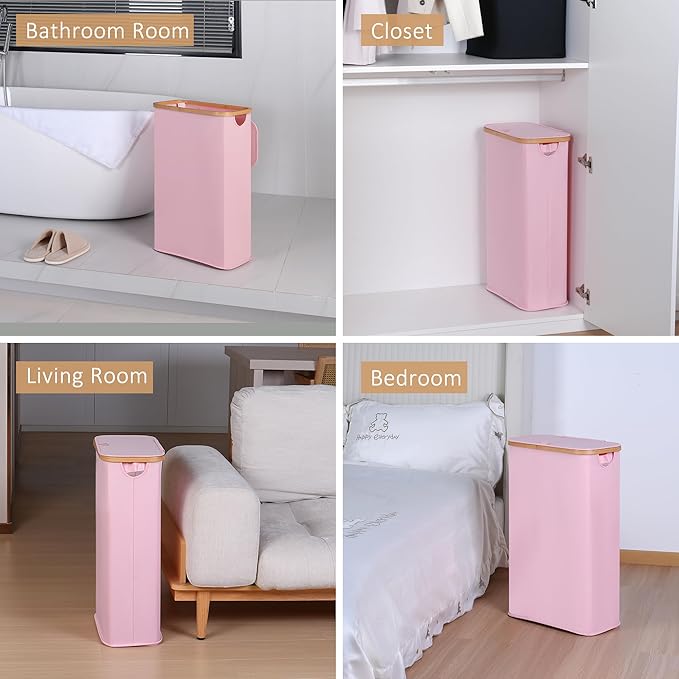65L Slim Laundry Hamper, Narrow Laundry Basket with Lid,Foldable Clothes Hamper with Bamboo Handles,Hamper Basket with Removable Inner Bag for Laundry Room Bedroom College Dorm,17.17 Gals Pink