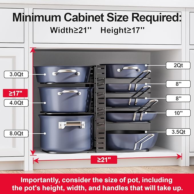 ORDORA Pots and Pans Organizer under Cabinet 14.55 Height, Adjustable 8-Tier Pot Organizers inside Cabinet, Kitchen Organizers and Storage Fit 6-11 inch Lightweight Cookware