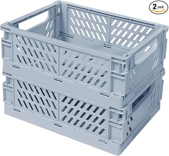 Small Pastel Plastic Storage Bins 2Pcs Foldable Pastel Crates Plastic Basket Colorful Storage Containers Baskets for Classroom Kitchen Office Bedroom Desktop Home Decor (Blue 9.8" x 6.5" x 3.8")