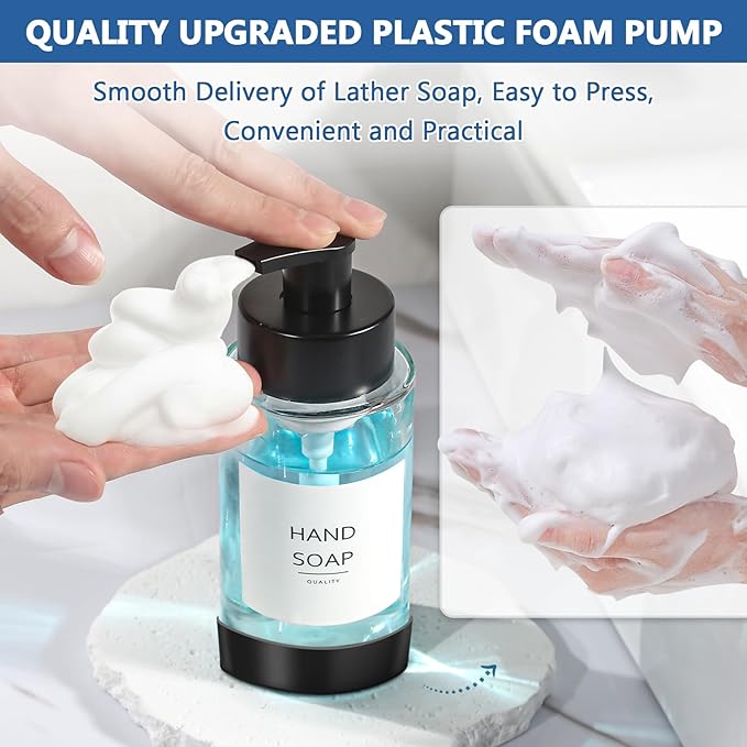 Foaming Soap Dispenser, 10 oz/300ml Foaming Hand Soap Dispenser, 2 Pack Glass Dispenser with 2 Non-Slip Silicone Bottom Sleeve, Refillable Foam Dispenser for Bathroom & Kitchen