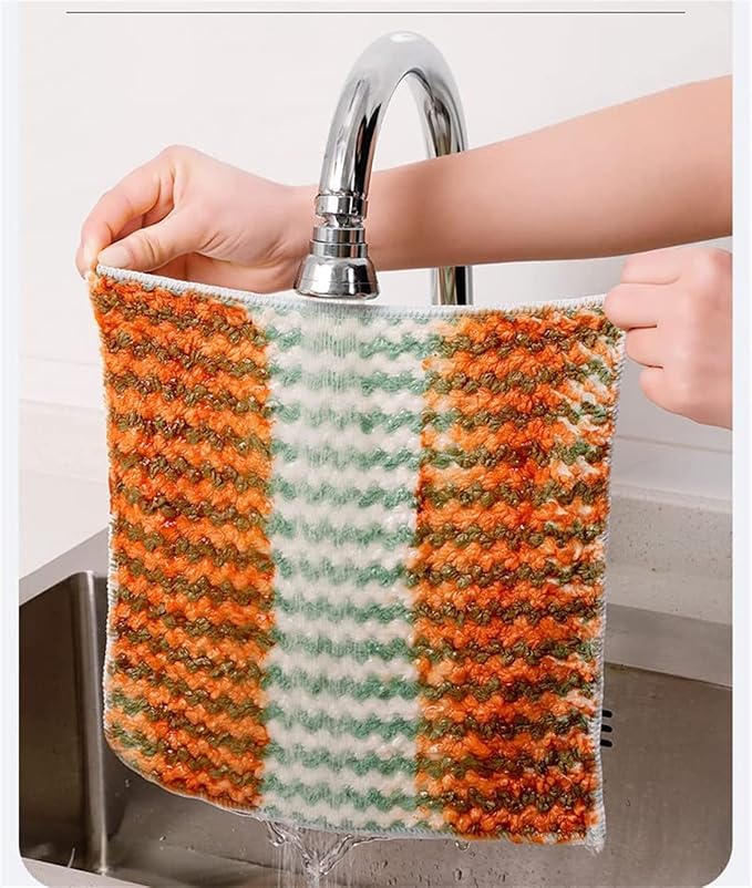Coral Fleece Striped Rag Cleaning Dish Cloth, Circulatik Microfiber Cleaning Rag, Non Stick Oil Fast Drying Reusable Washable Towels (10PCS)
